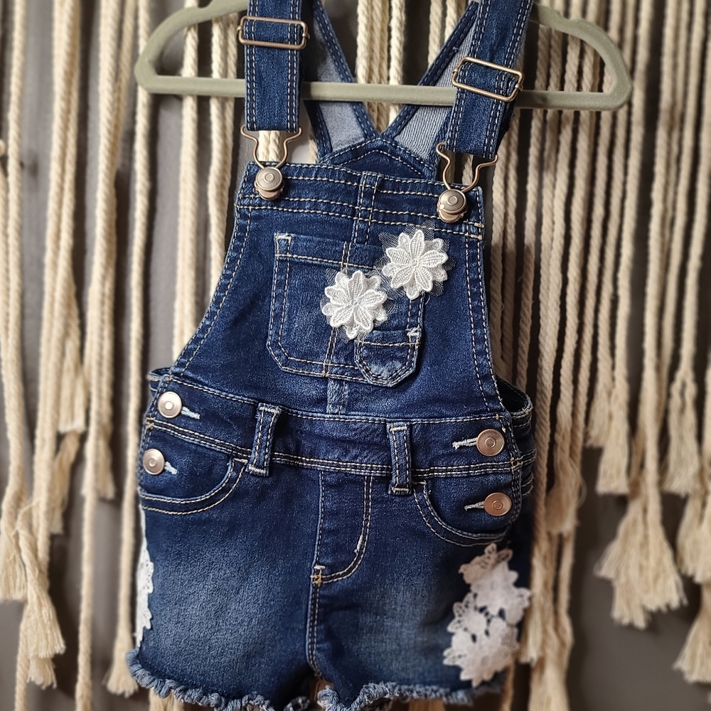 Super cute jean overalls with lace accents in 12 months